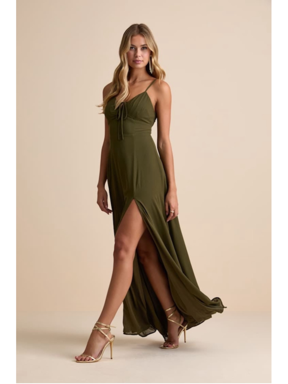 NWT Lulus Marveled Beauty Olive Green Sleeveless Tie-Front Maxi Dress